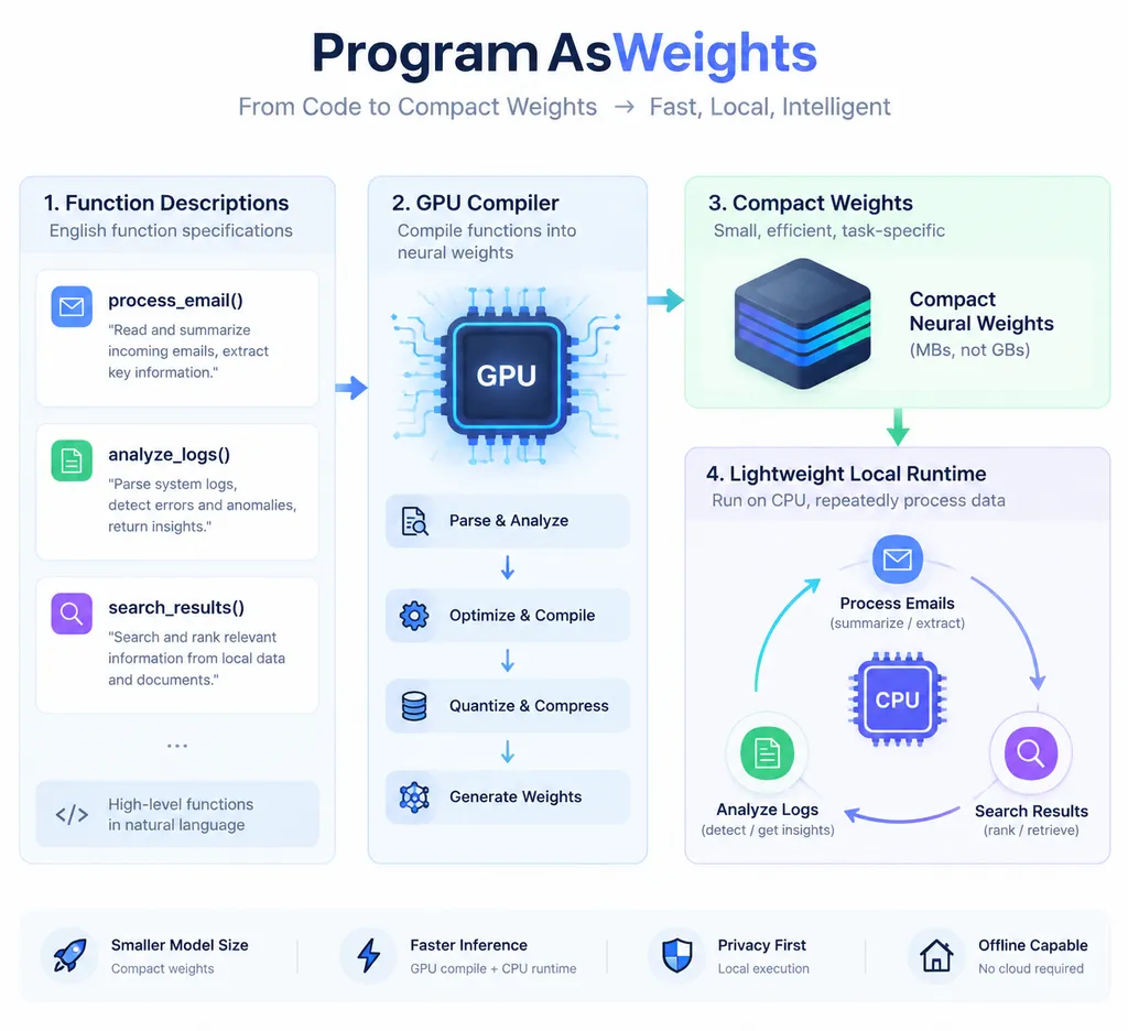 ProgramAsWeights 工作流程示意图,左侧为英文函数描述,中间为 GPU 编译器,输出紧凑神经权重;右侧展示权重与轻量本地运行时在 CPU 上重复处理邮件、日志和搜索结果