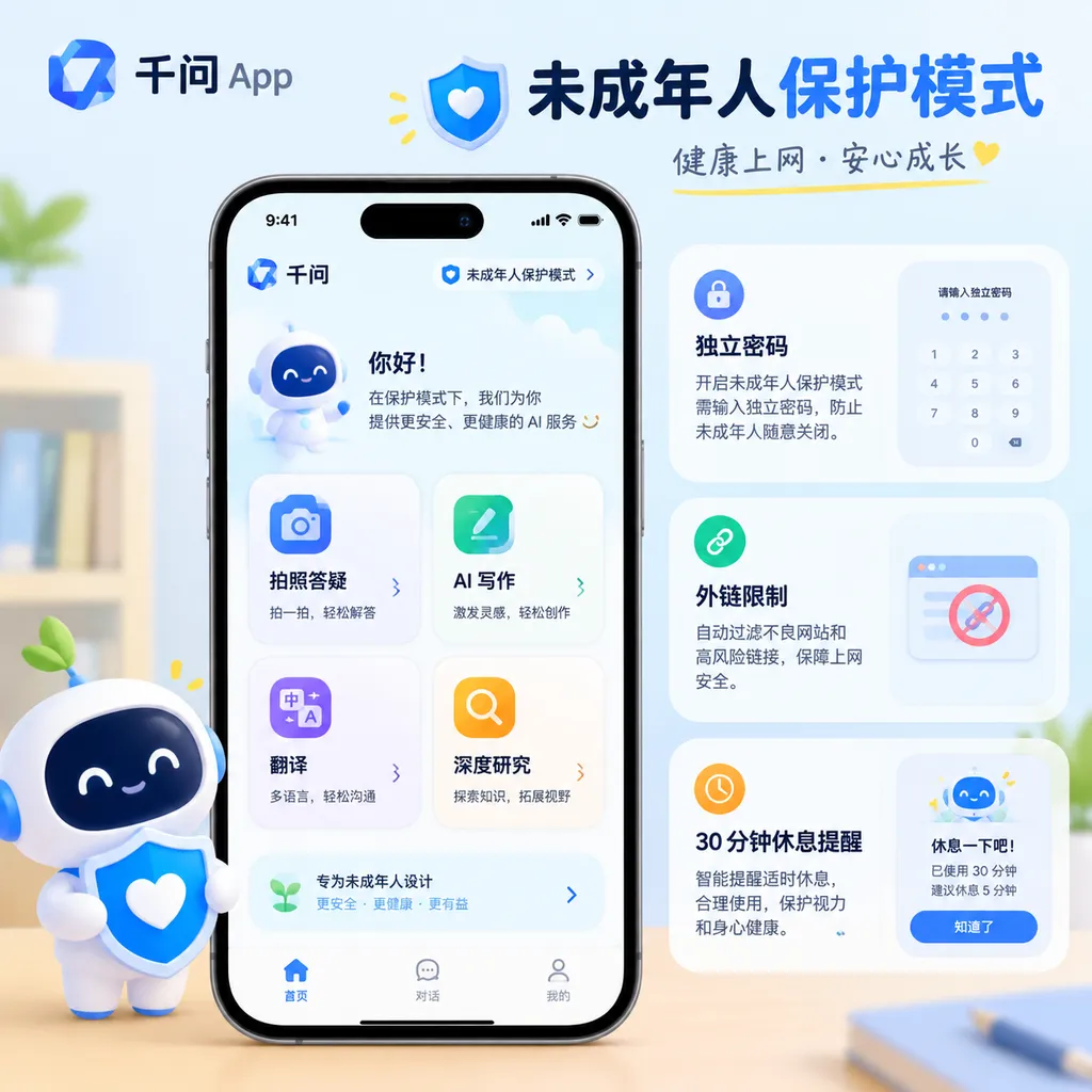 千问 App 未成年人保护模式功能界面示意图,展示拍照答疑、AI 写作、翻译、深度研究四个入口,以及独立密码、外链限制和 30 分钟休息提醒