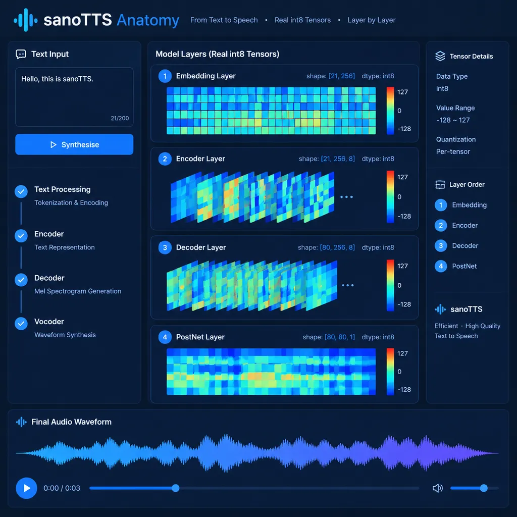 sanoTTS Anatomy 交互页面展示文本输入、各层真实 int8 张量与最终语音波形
