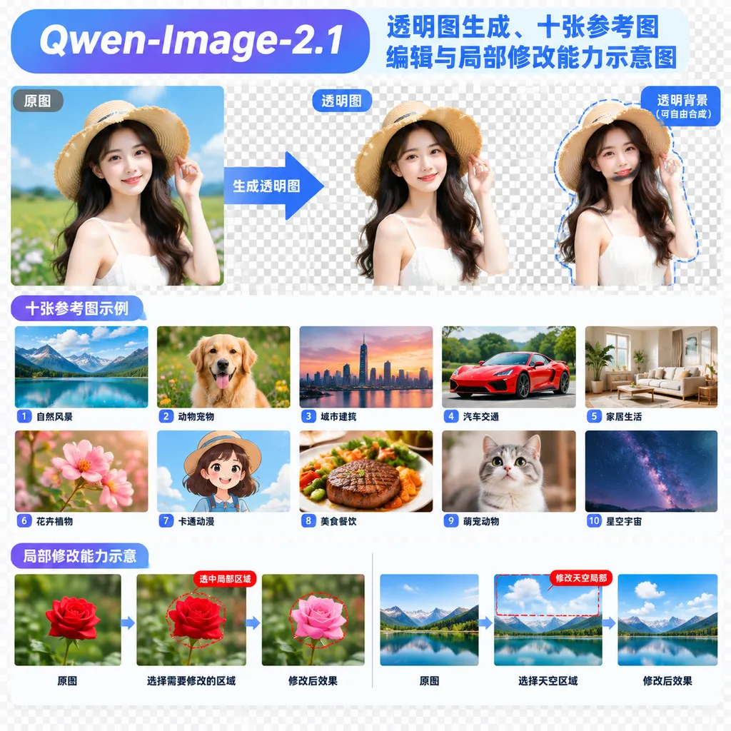 Qwen-Image-2.1透明图生成、十张参考图编辑与局部修改能力示意图