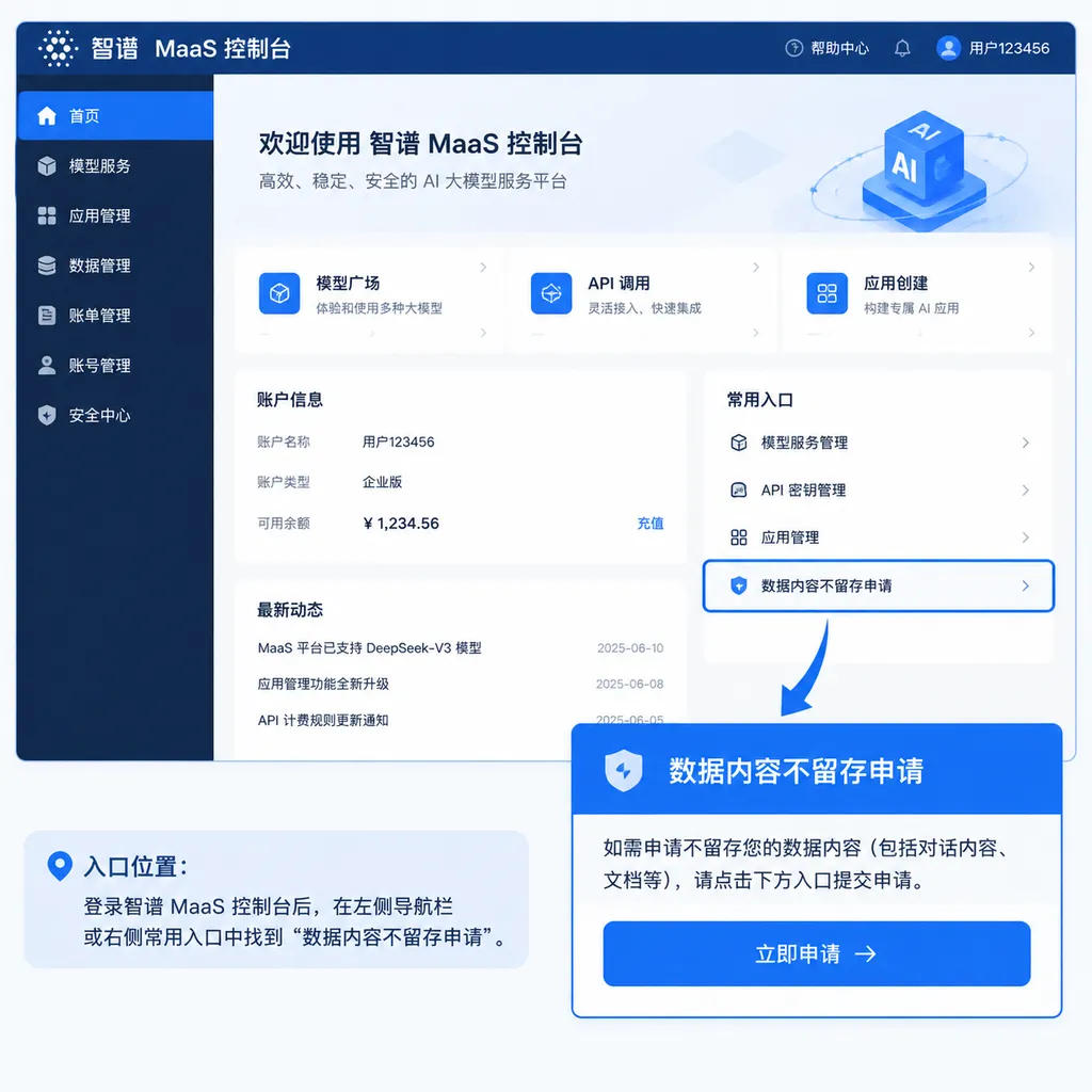 智谱 MaaS 控制台数据内容不留存申请入口示意图