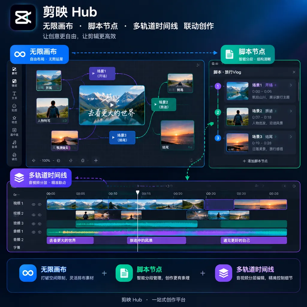 剪映Hub无限画布、脚本节点与多轨道时间线联动示意图