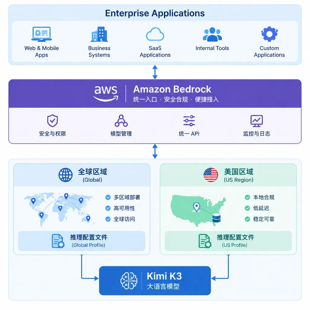 Kimi K3 接入 Amazon Bedrock 的产品架构示意图,展示企业应用、Bedrock 统一入口、全球或美国区域推理配置文件与 Kimi K3 模型之间的关系