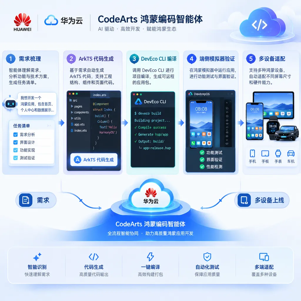 Huawei Cloud CodeArts HarmonyOS coding agent workflow diagram, showing requirement analysis, ArkTS code generation, DevEco CLI compilation, on-device emulator validation, and multi-device adaptation