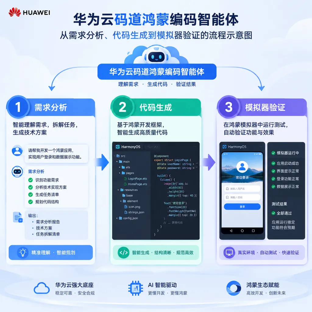 华为云码道鸿蒙编码智能体从需求分析、代码生成到模拟器验证的流程示意图