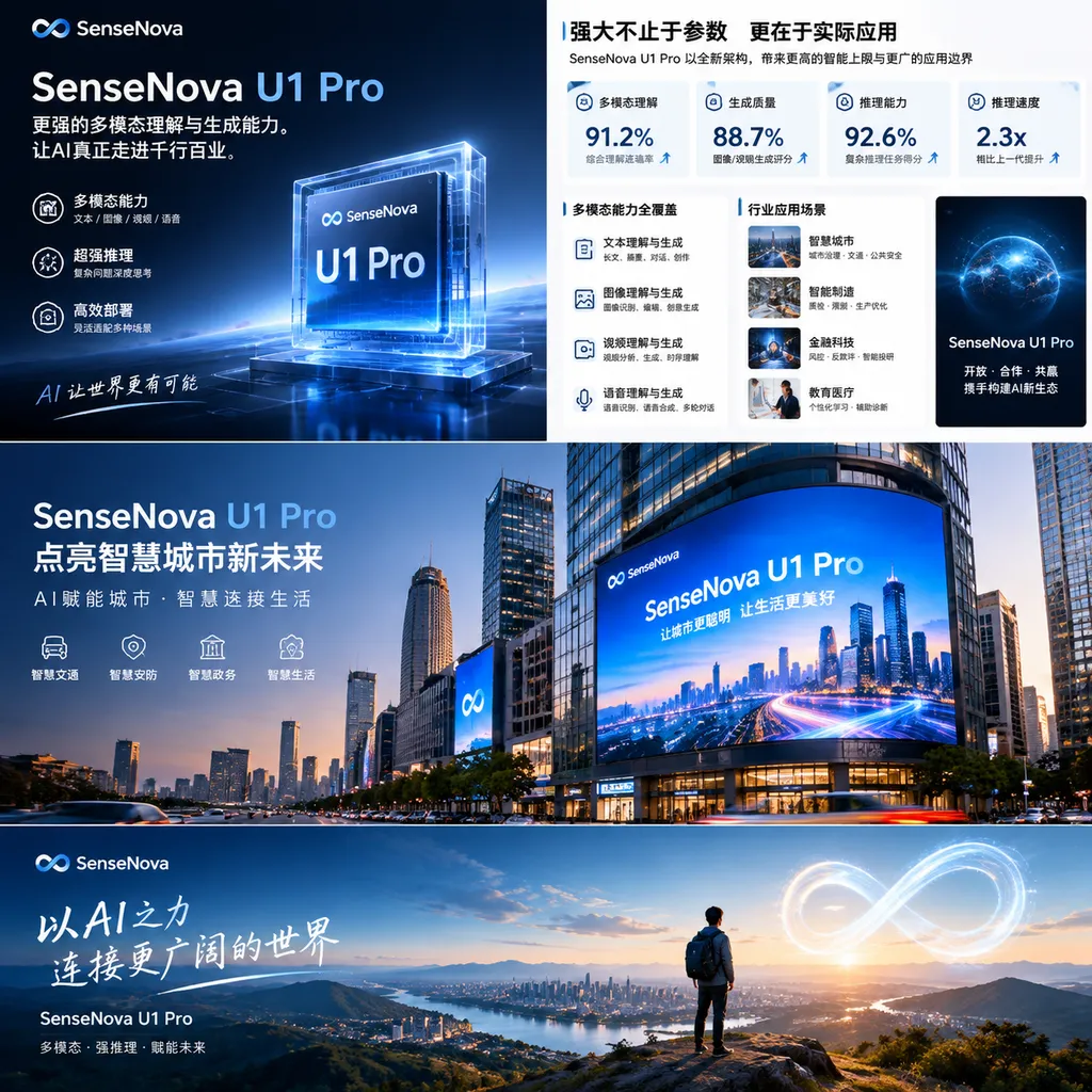 A collage of high-information-density commercial infographics, city posters, and ultrawide visual works generated by SenseNova U1 Pro