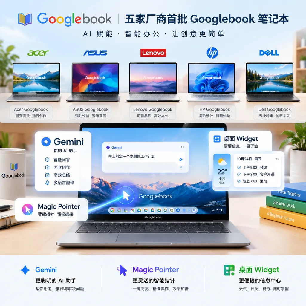 五家厂商首批 Googlebook 笔记本产品展示,屏幕上突出显示 Gemini、Magic Pointer 与桌面 Widget 功能