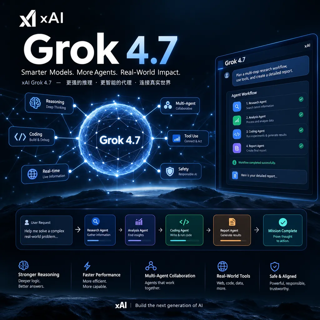 xAI Grok 4.7发布主题视觉,深色科技背景、模型节点网络与智能代理工作流界面