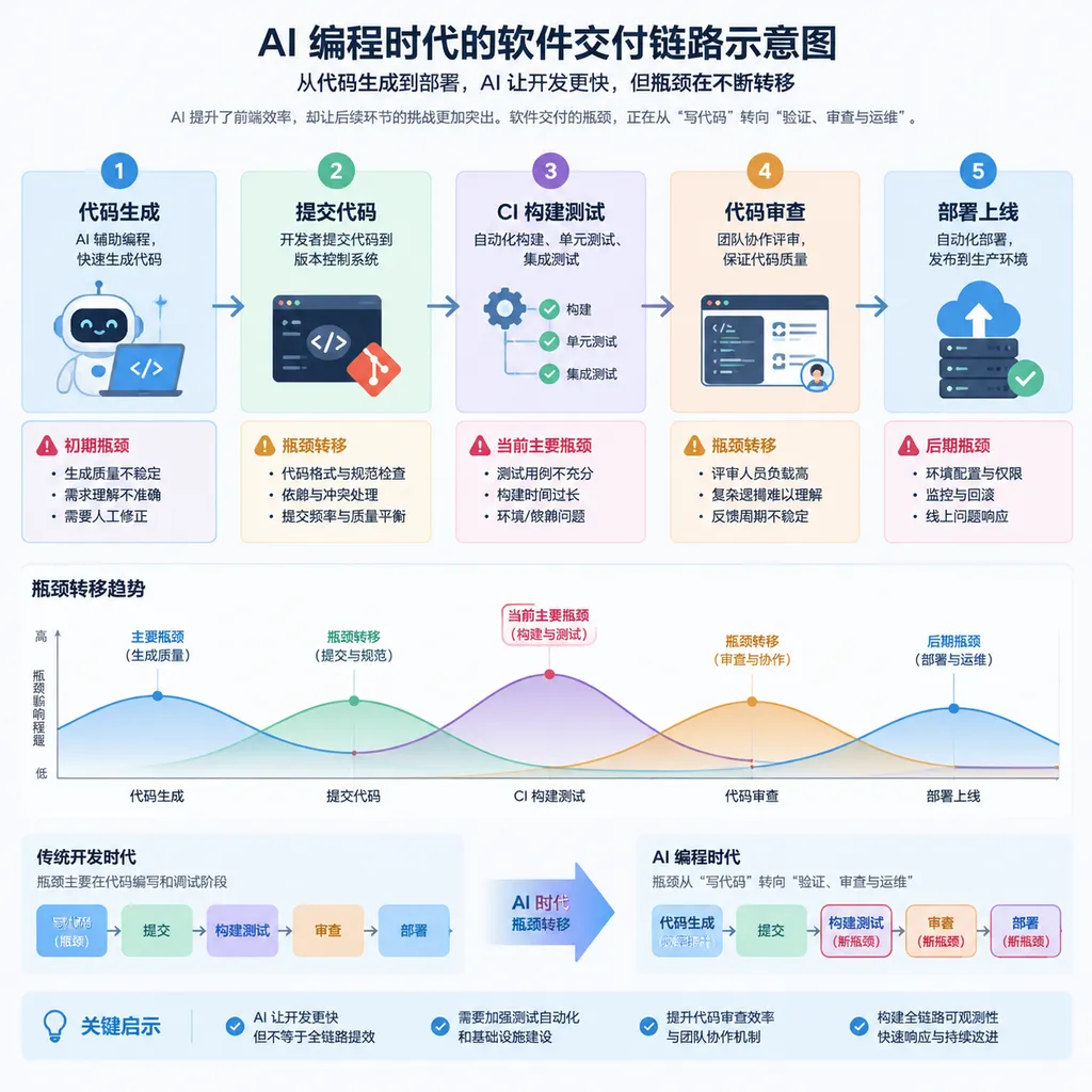 AI 编程时代的软件交付链路示意图,展示代码生成、提交、CI 构建测试、代码审查和部署之间的瓶颈转移