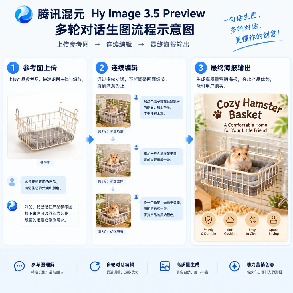 腾讯混元 Hy Image 3.5 Preview 多轮对话生图流程示意图,展示参考图上传、连续编辑和最终海报输出