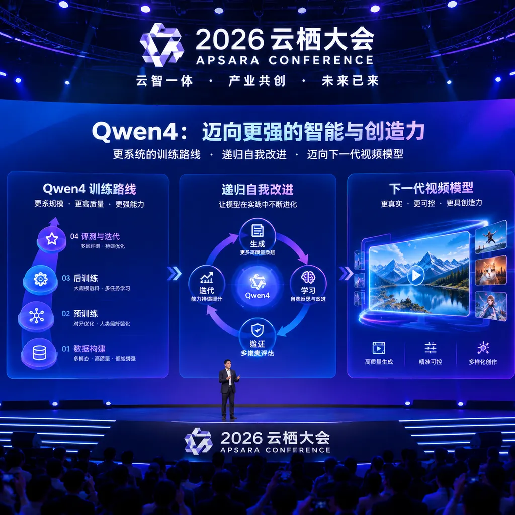 2026云栖大会现场,展示Qwen4训练路线、递归自我改进与下一代视频模型的主视觉信息图