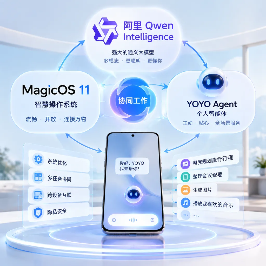 阿里 Qwen Intelligence 与荣耀 MagicOS 11、YOYO Agent 协同工作的示意图