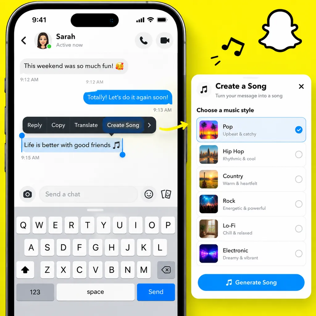 Snapchat 聊天窗口中长按文字消息并选择音乐风格生成歌曲的产品界面示意图
