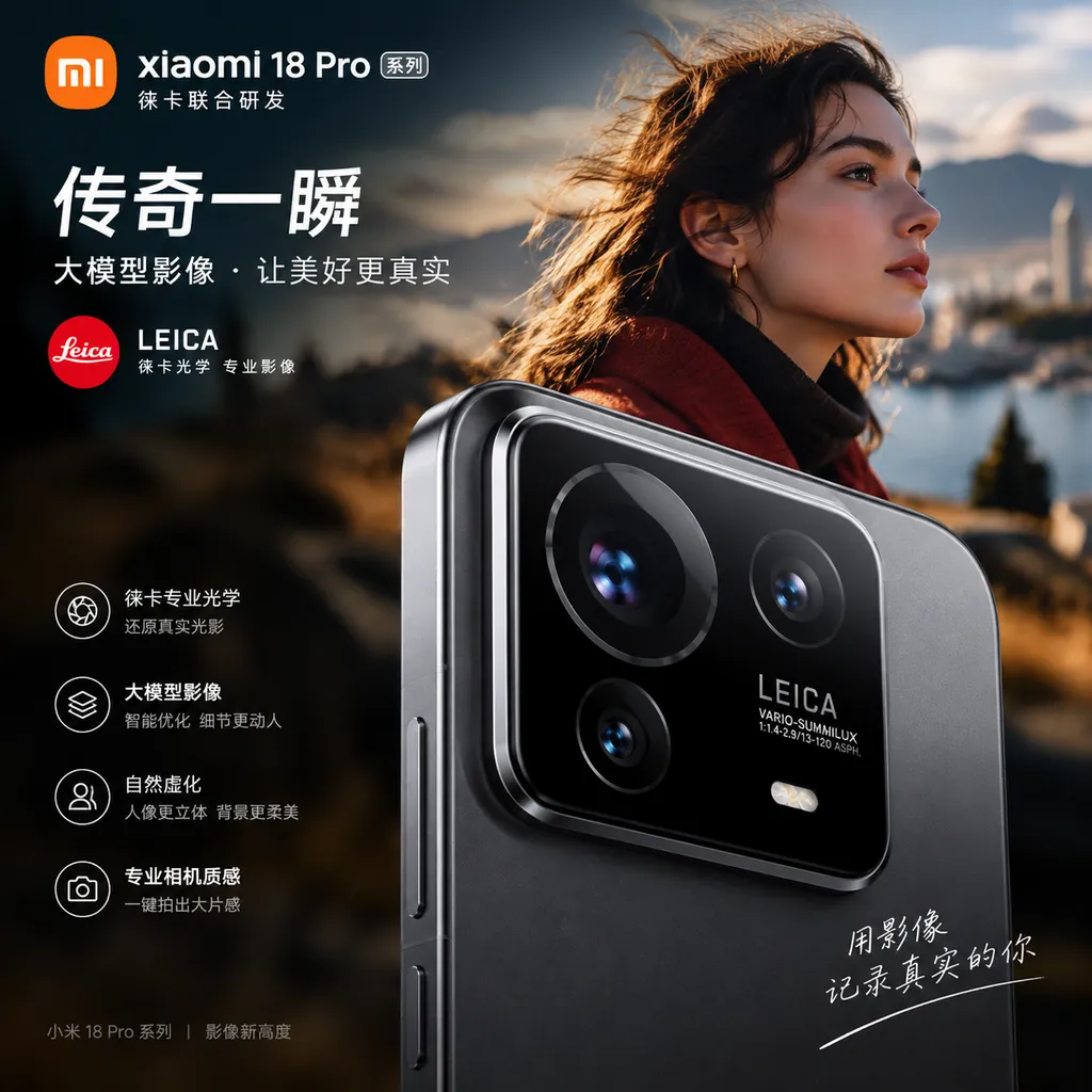 小米18 Pro系列手机搭载“传奇一瞬”大模型影像的产品宣传图,突出徕卡镜头、自然虚化与专业相机质感