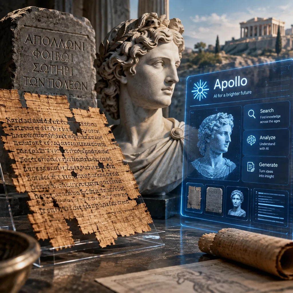 古希腊莎草纸残片、石刻铭文与 Apollo 模型界面的概念合成图