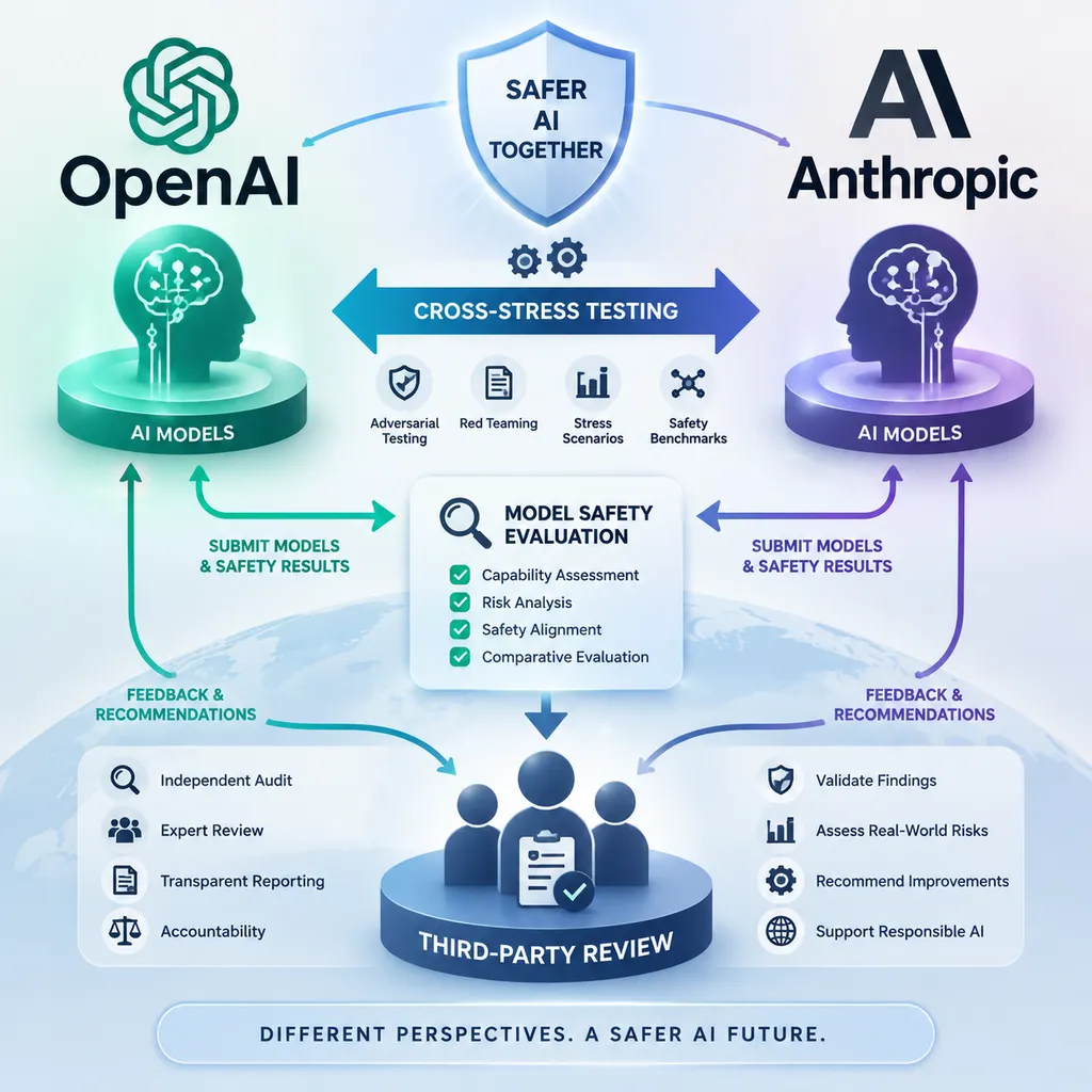 OpenAI与Anthropic代表模型安全评估、交叉压力测试和第三方审查关系的示意图
