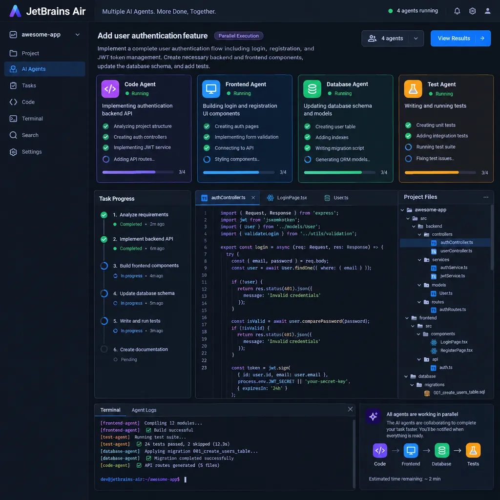 JetBrains Air 多个 AI Agent 并行处理软件开发任务的产品界面示意图