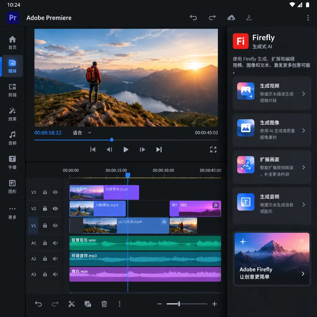 Adobe Premiere 安卓版应用界面,展示多轨时间线、视频预览窗口和 Firefly 生成式 AI 功能入口