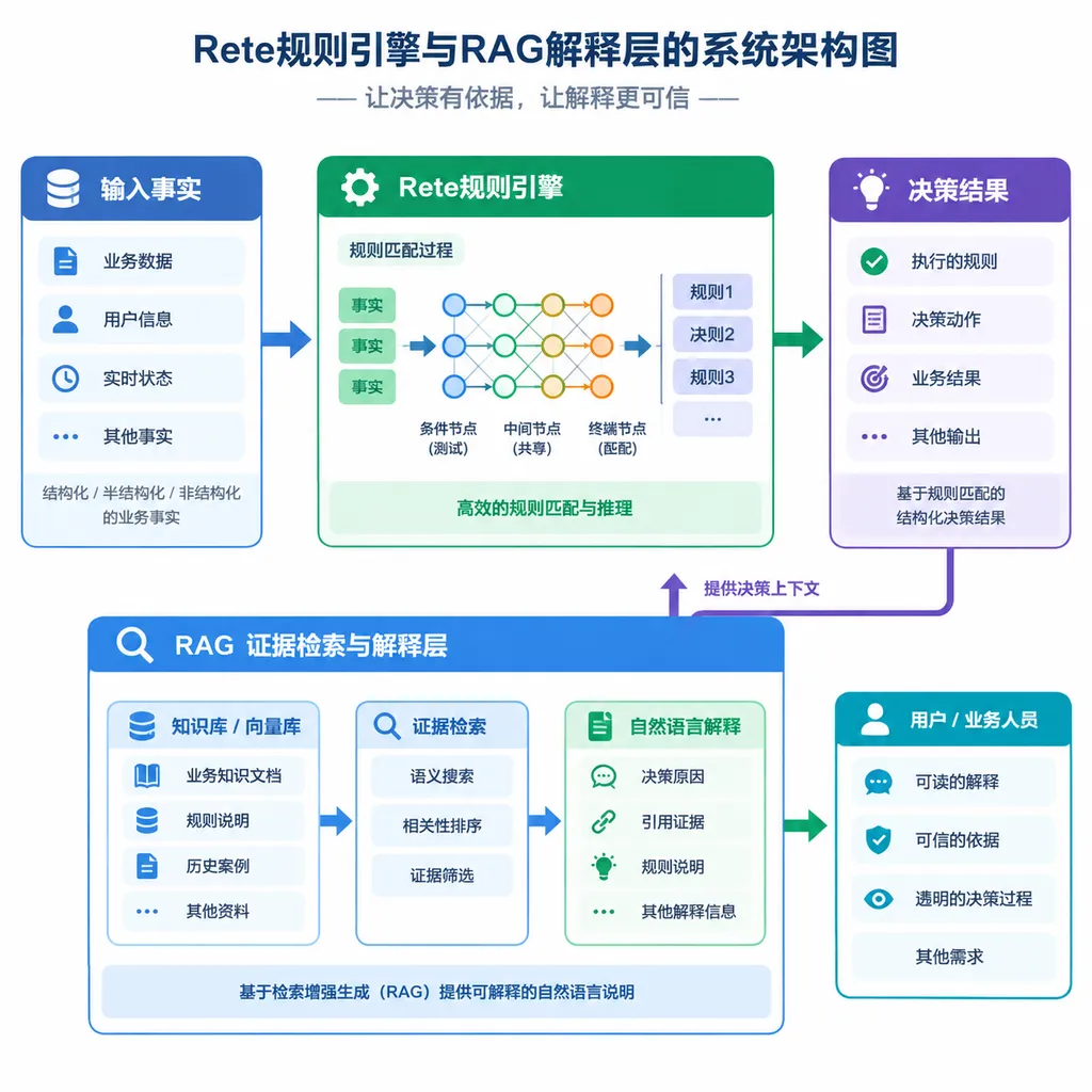 Rete规则引擎与RAG解释层的系统架构图,展示输入事实、规则匹配、决策结果、证据检索和自然语言解释之间的关系