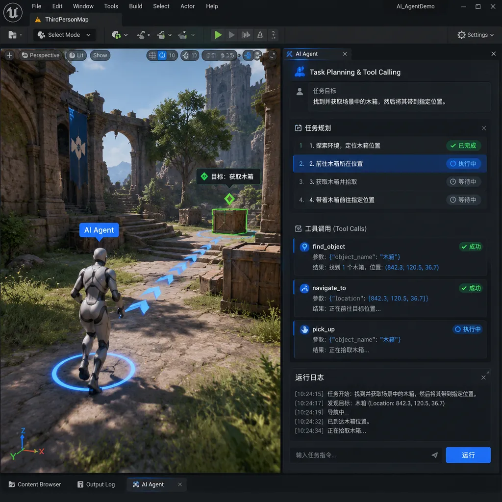 Unreal Engine 编辑器中运行 AI Agent 的概念图,左侧为场景视口,右侧为任务规划与工具调用面板