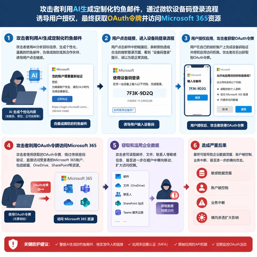 攻击者利用AI生成定制化钓鱼邮件,通过微软设备码登录流程诱导用户授权,最终获取OAuth令牌并访问Microsoft 365资源的流程图
