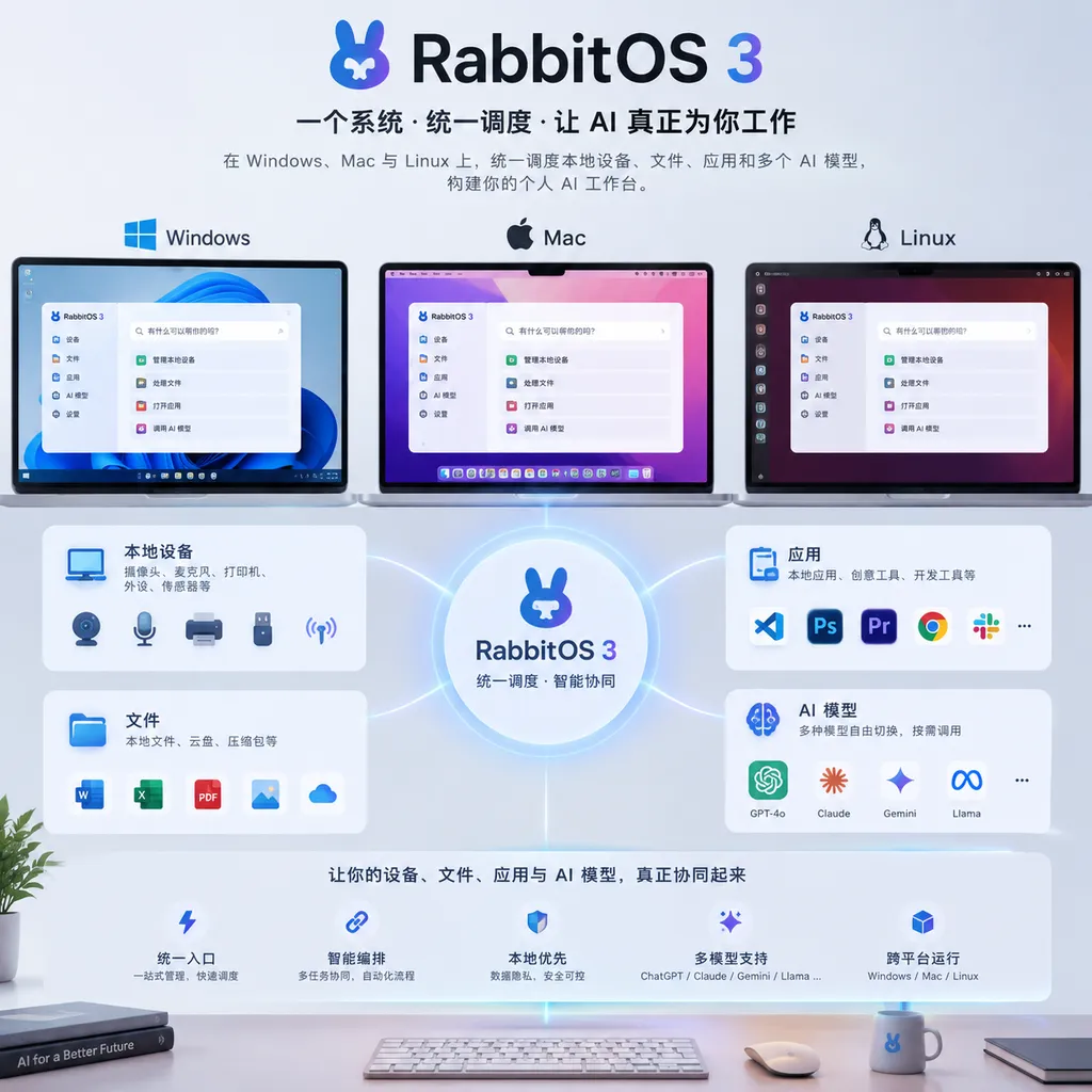 RabbitOS 3 在 Windows、Mac 与 Linux 上统一调度本地设备、文件、应用和多个 AI 模型的产品概念图