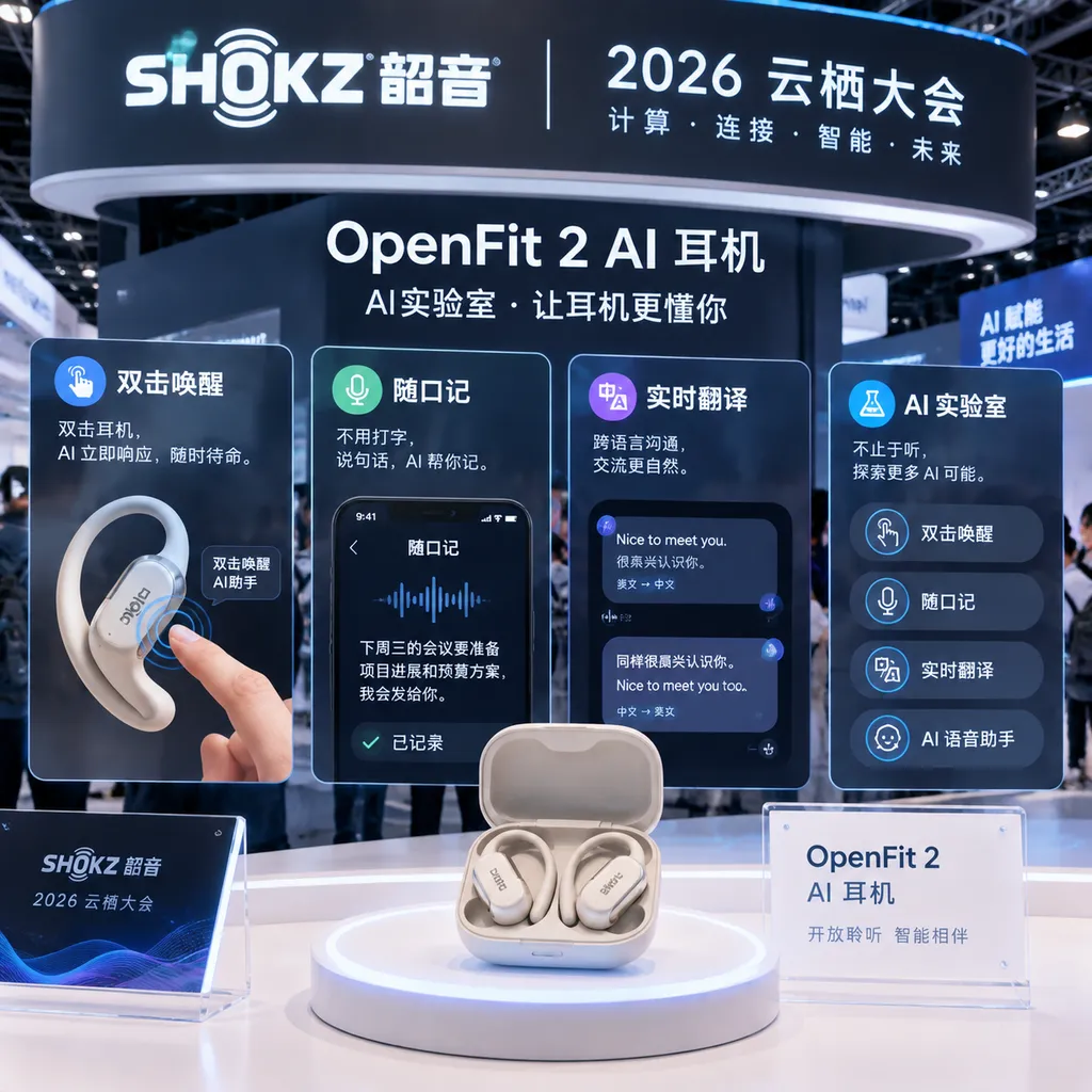 2026云栖大会韶音展台上的OpenFit 2 AI耳机与AI实验室四项功能界面,画面突出双击唤醒、随口记和实时翻译
