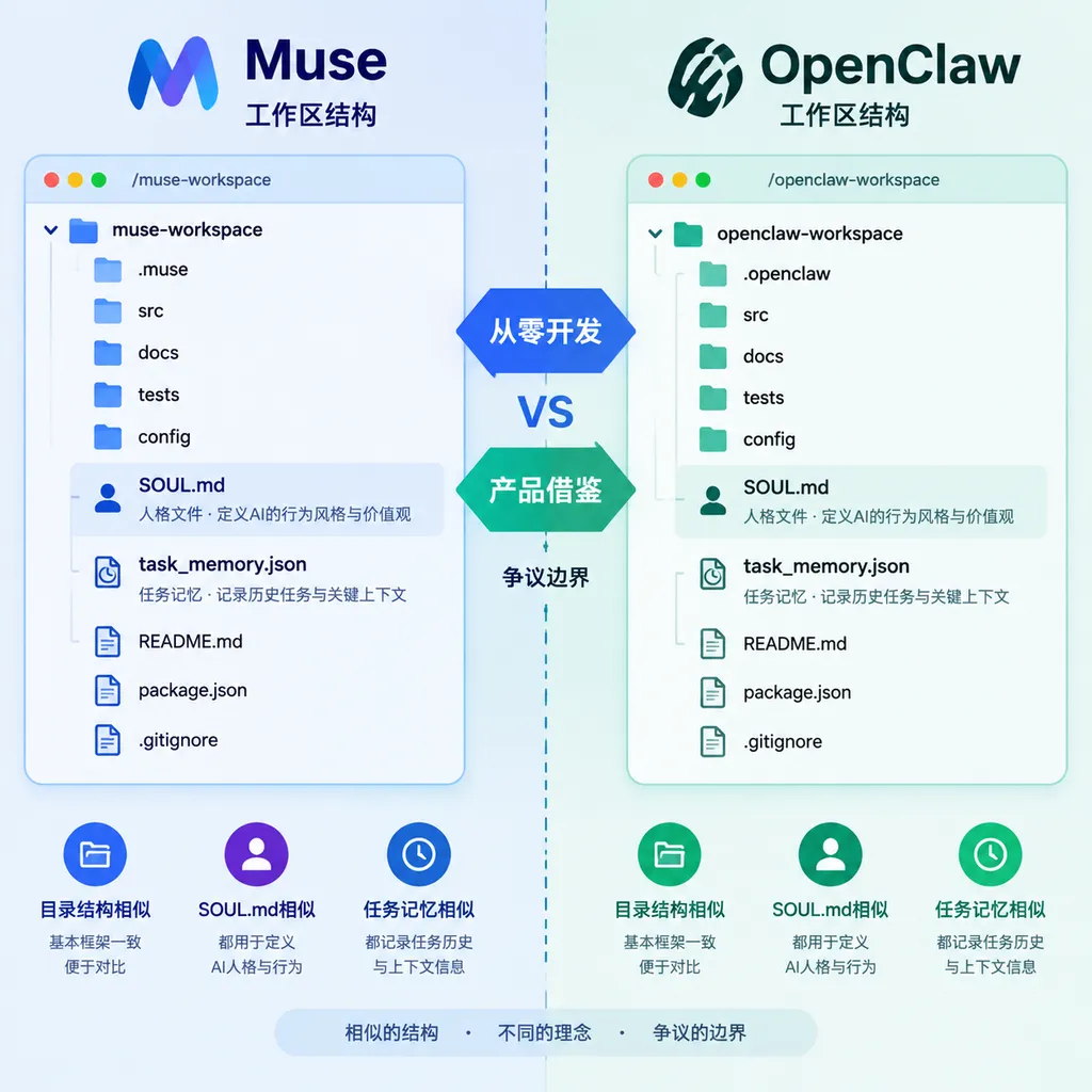 Muse与OpenClaw工作区对比图,左右展示相似的目录结构、SOUL.md人格文件和任务记忆文件,中间标注“从零开发”与“产品借鉴”的争议边界