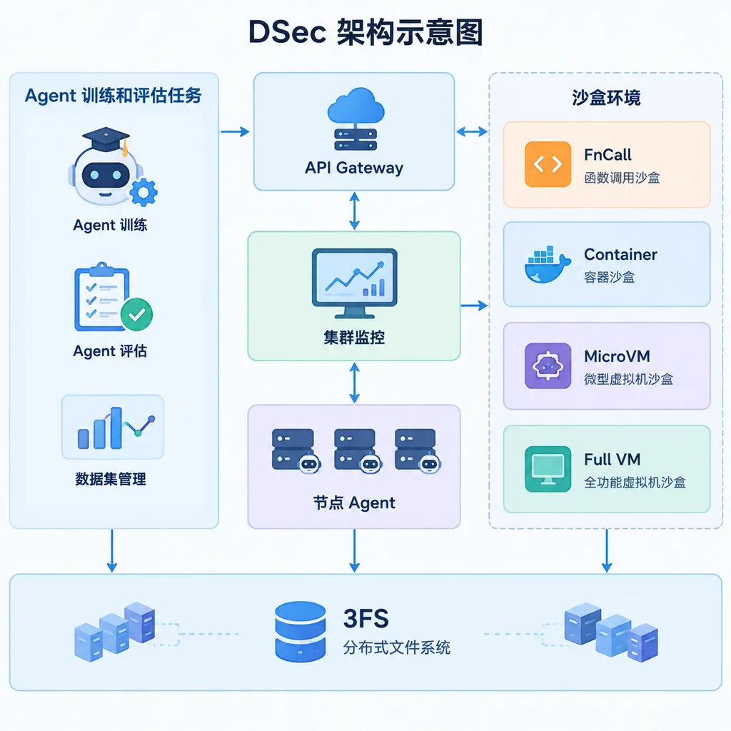 DSec 架构示意图,左侧为 Agent 训练和评估任务,中间为 API Gateway、集群监控与节点 Agent,右侧分为 FnCall、Container、MicroVM、Full VM 四类沙盒,底部为 3FS 分布式文件系统
