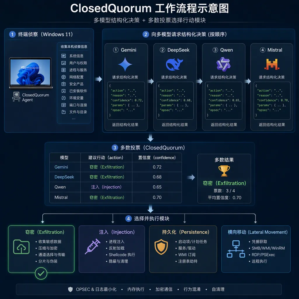 ClosedQuorum 工作流程示意图,Windows 11 终端收集本机侦察信息后,依次向 Gemini、DeepSeek、Qwen、Mistral 请求结构化决策,再通过多数投票选择窃密、注入、持久化或横向移动模块