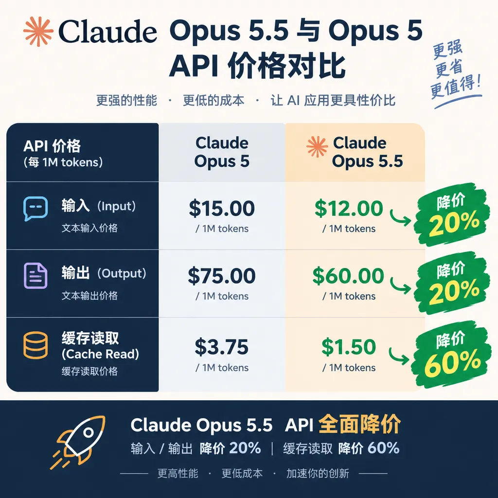 API pricing comparison between Claude Opus 5.5 and Opus 5, highlighting a 20% reduction in input and output prices and a 60% reduction in cache-read pricing