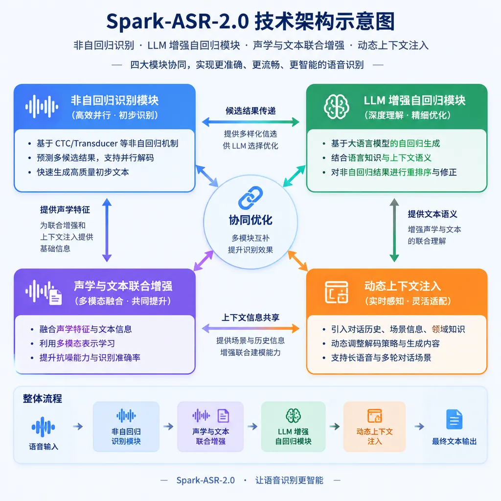 Spark-ASR-2.0 技术架构示意图,展示非自回归识别模块、LLM 增强自回归模块、声学与文本联合增强以及动态上下文注入之间的协同关系