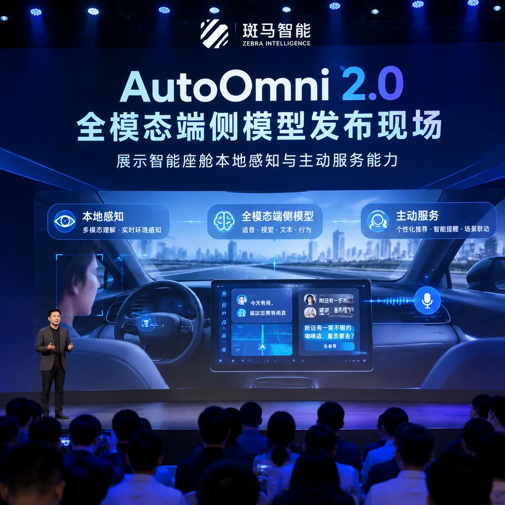 斑马智能AutoOmni 2.0全模态端侧模型发布现场,展示智能座舱本地感知与主动服务能力