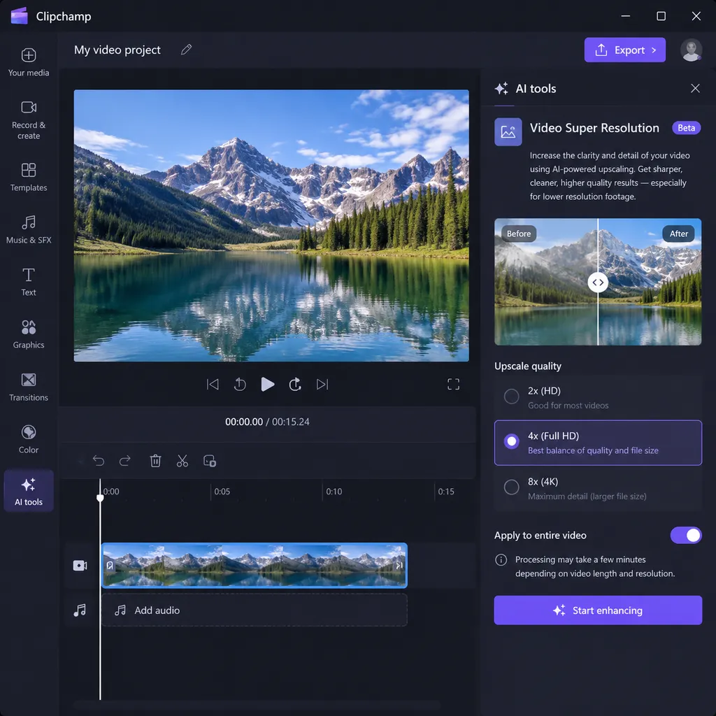 Windows 11 Clipchamp 中打开 Video Super Resolution 视频超分功能的界面示意图