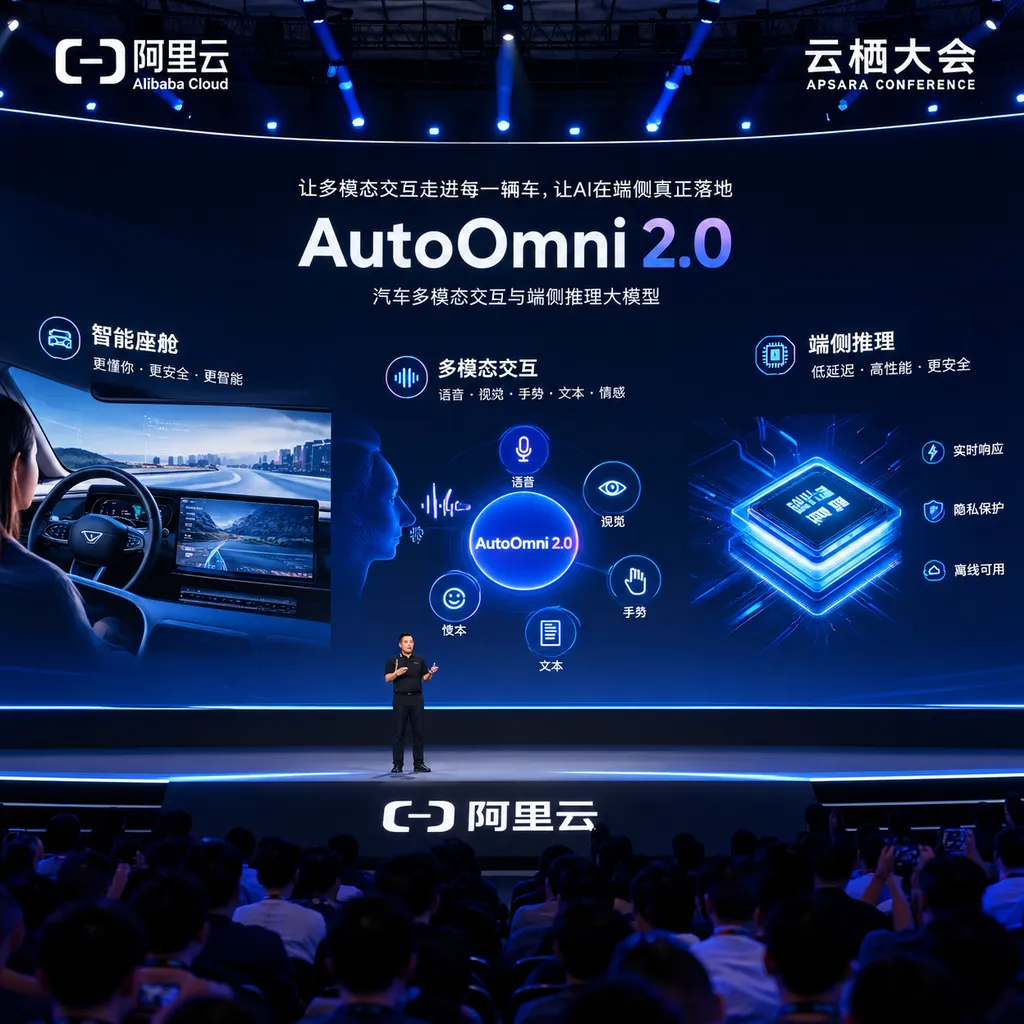 云栖大会现场展示 AutoOmni 2.0 的发布画面,背景包含智能座舱、多模态交互和端侧推理示意