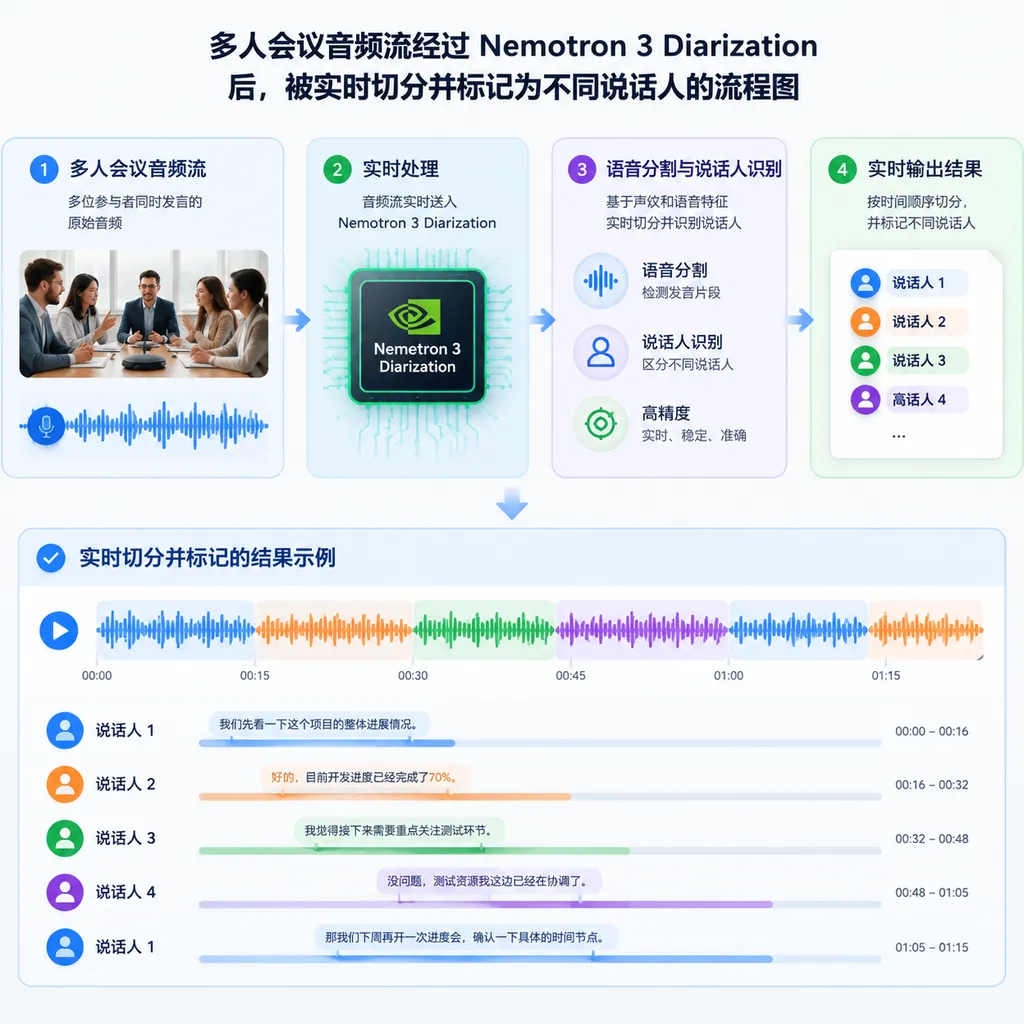多人会议音频流经过 Nemotron 3 Diarization 后,被实时切分并标记为不同说话人的流程图
