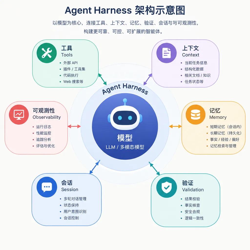 一张展示 Agent Harness 架构的示意图,模型位于核心,外层连接工具、上下文、记忆、验证、会话与可观测性模块