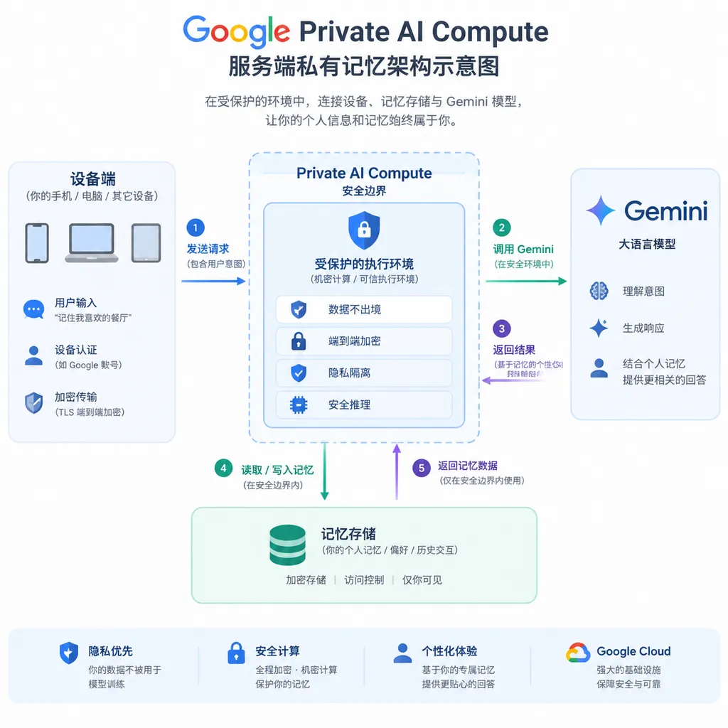 Google Private AI Compute 服务端私有记忆架构示意图,展示设备端、Private AI Compute 安全边界、记忆存储与 Gemini 模型之间的数据流