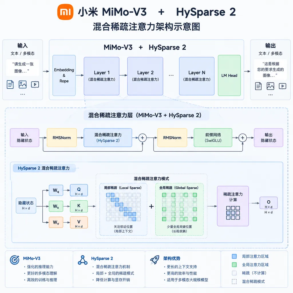 小米 MiMo-V3 与 HySparse 2 混合稀疏注意力架构示意图