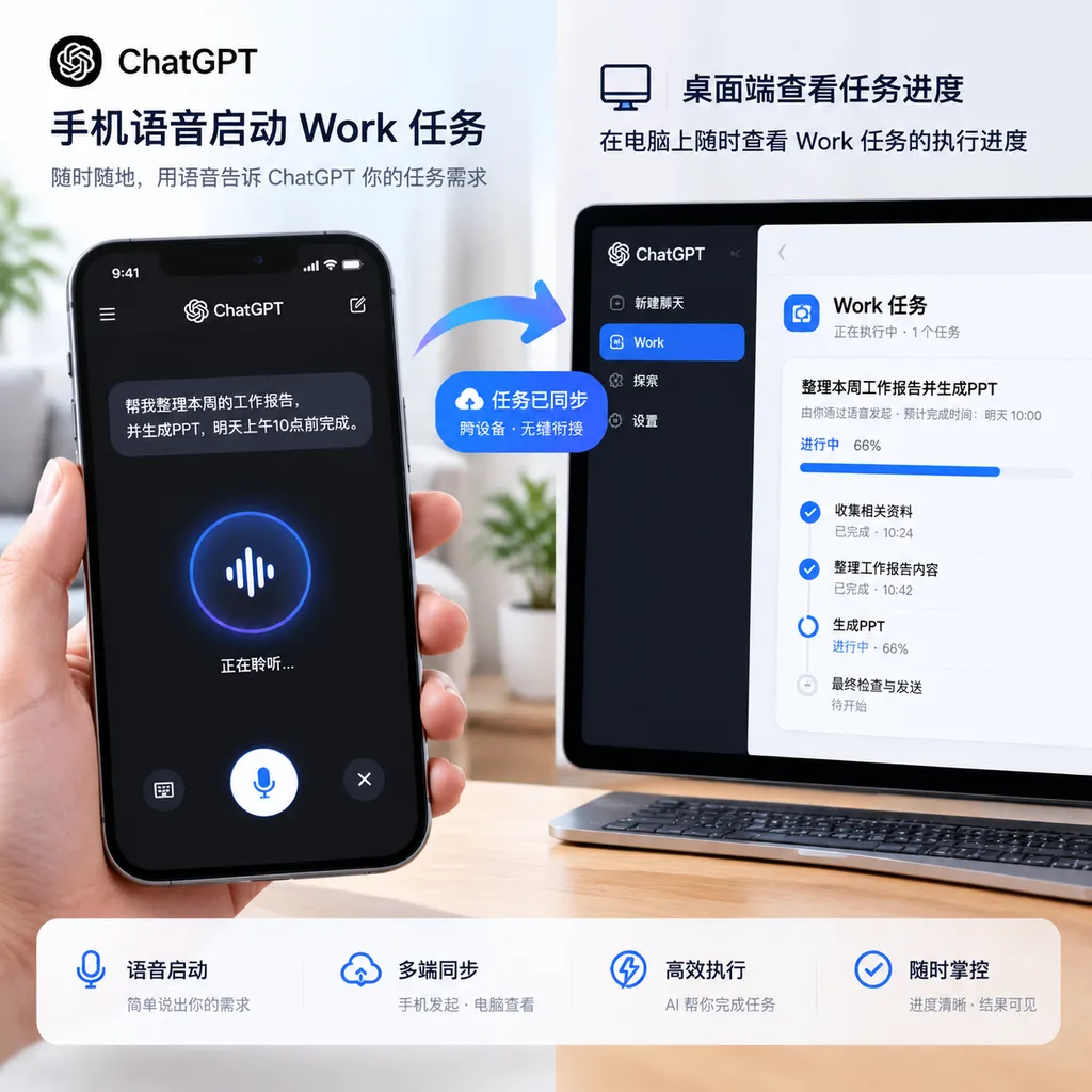 用户在手机ChatGPT应用中通过语音启动Work任务,并在桌面端继续查看任务进度的产品示意图