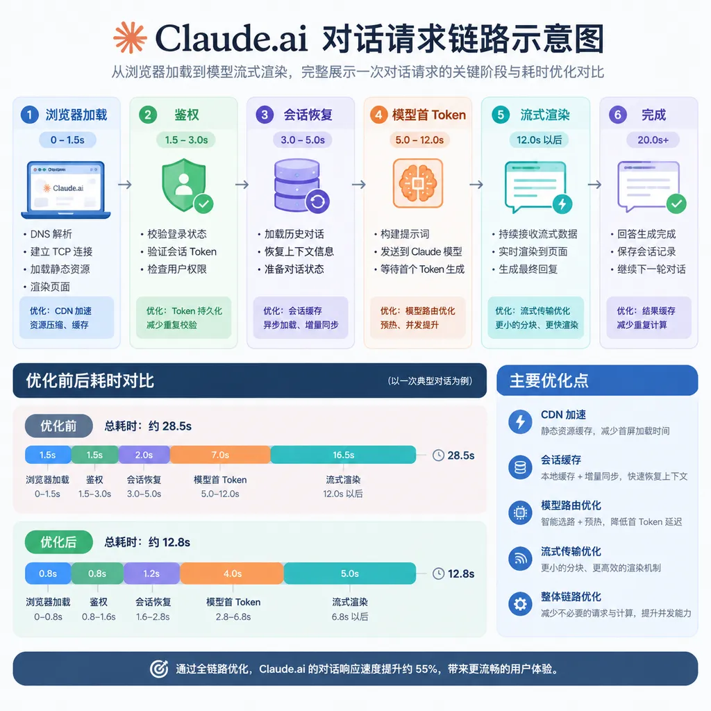 Claude.ai 对话请求链路示意图,展示浏览器加载、鉴权、会话恢复、模型首 Token、流式渲染等阶段,以及优化前后的耗时对比
