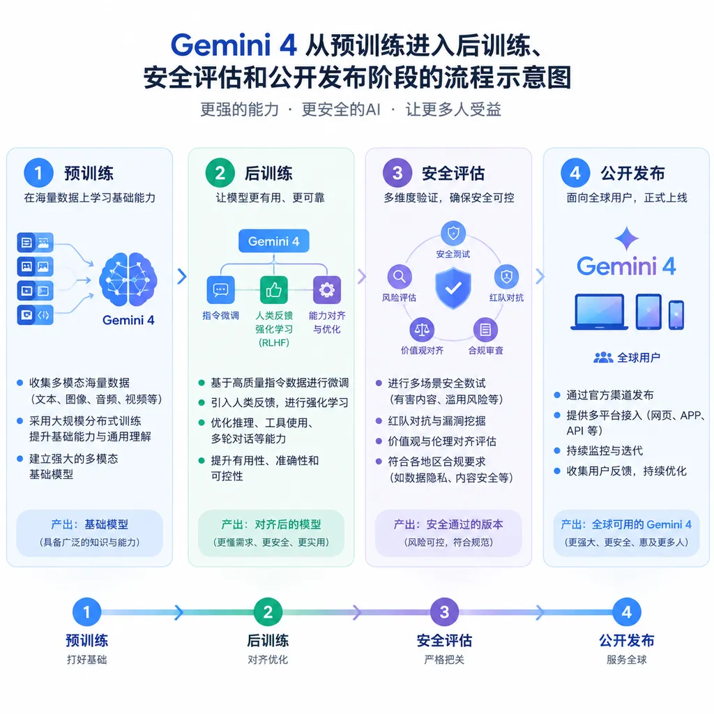 A process diagram showing Gemini 4 moving from pretraining into post-training, safety evaluation, and public release