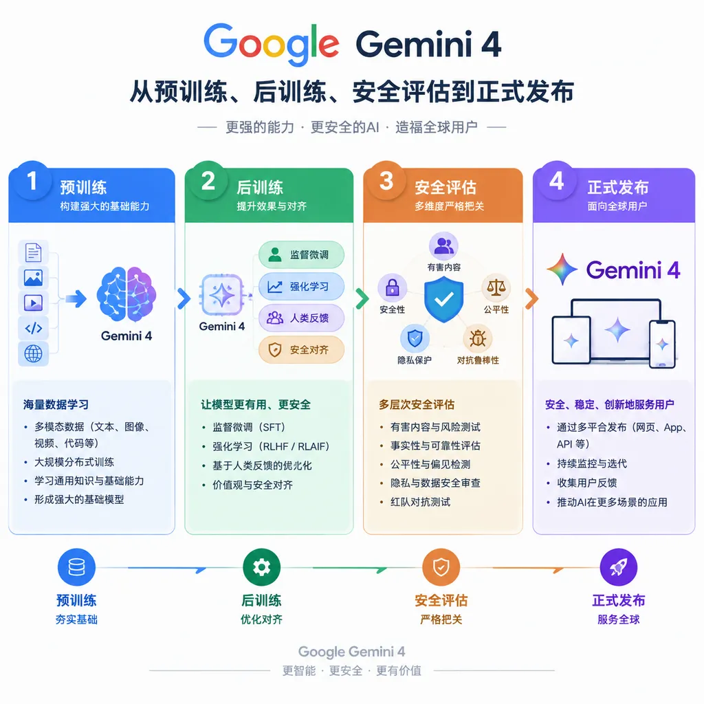 Google Gemini 4 从预训练、后训练、安全评估到正式发布的流程示意图