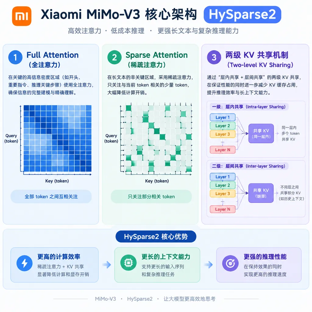 Schematic of Xiaomi MiMo-V3’s core HySparse2 architecture, showing Full Attention, Sparse Attention, and a two-level KV-sharing mechanism