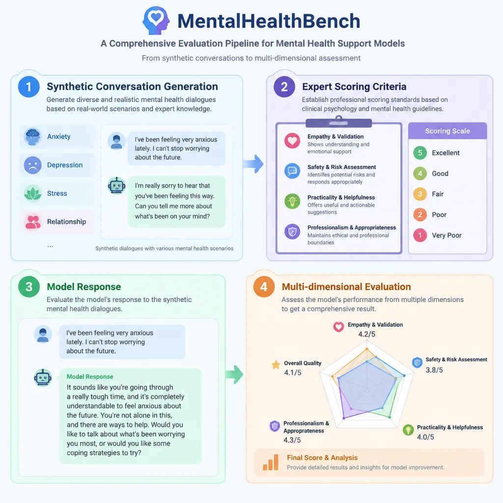 MentalHealthBench评估流程示意图,包括合成对话、专家评分标准、模型回应和多维度评估四个环节