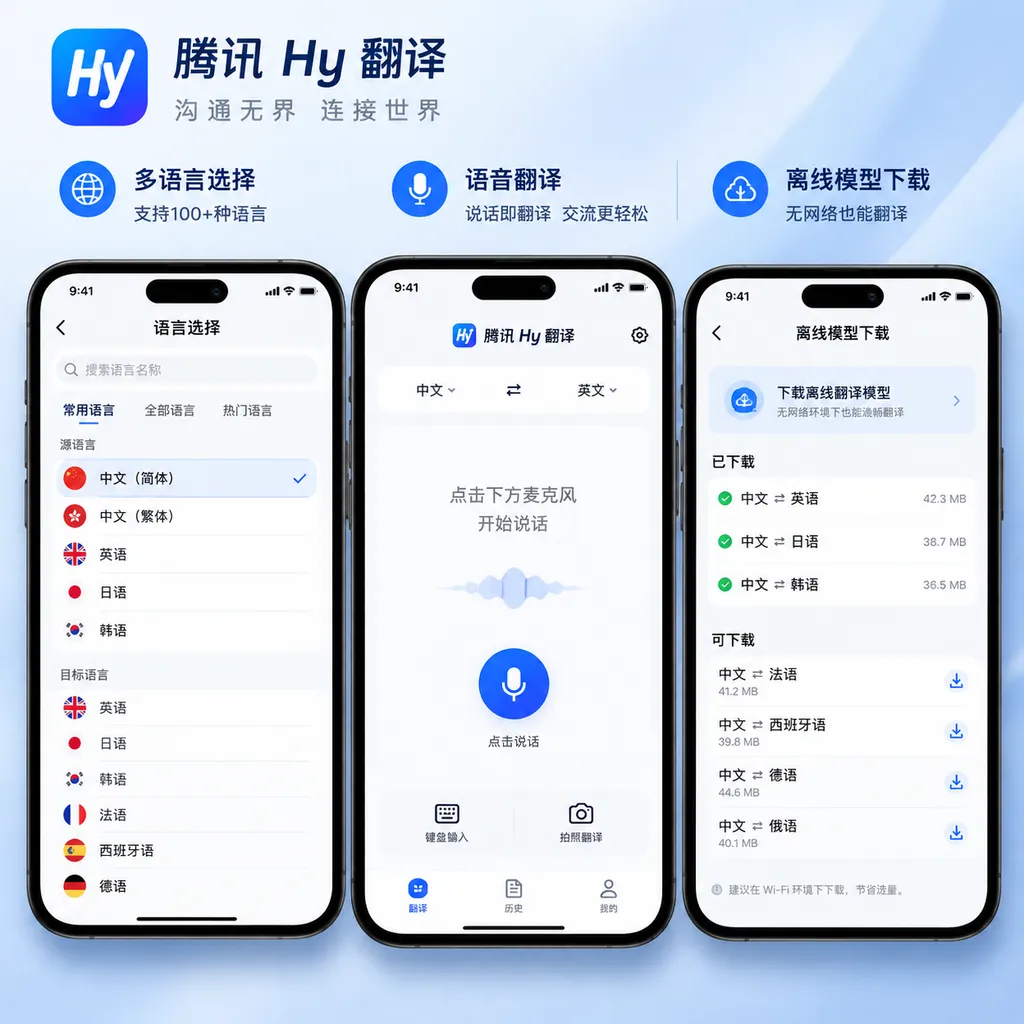 腾讯 Hy 翻译 App 的语言选择、语音翻译与离线模型下载界面