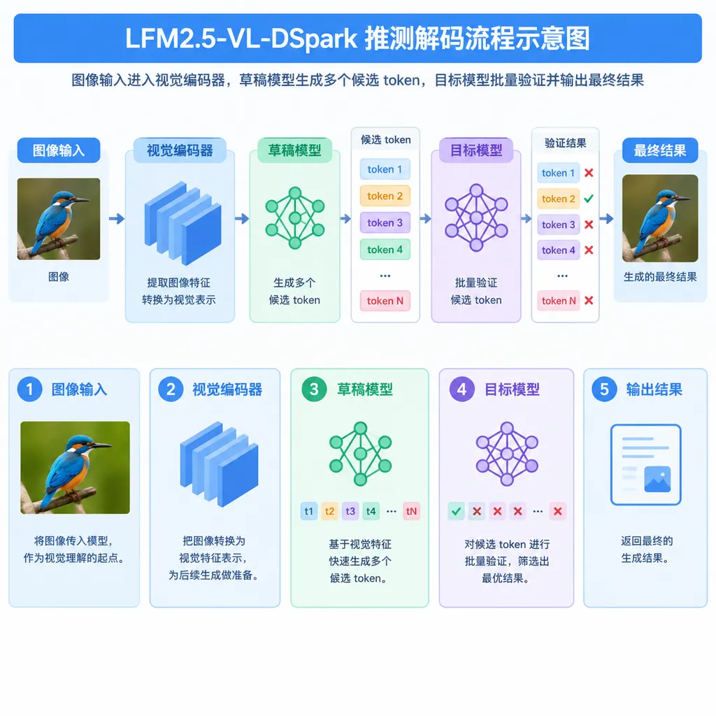 LFM2.5-VL-DSpark 推测解码流程示意图:图像输入进入视觉编码器,草稿模型生成多个候选 token,目标模型批量验证并输出最终结果