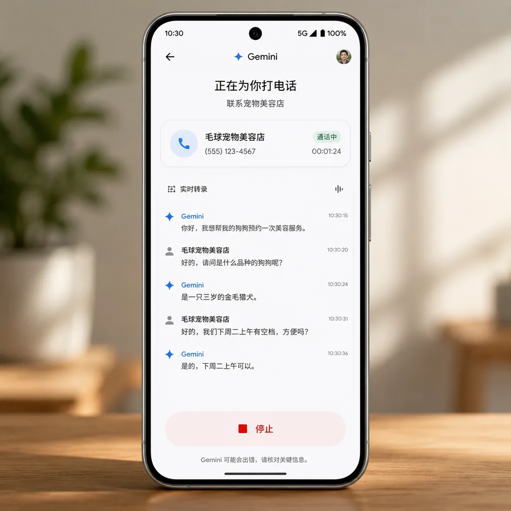 Pixel 11用户在Gemini应用中发起代打电话任务,屏幕显示实时转录、通话状态和停止按钮