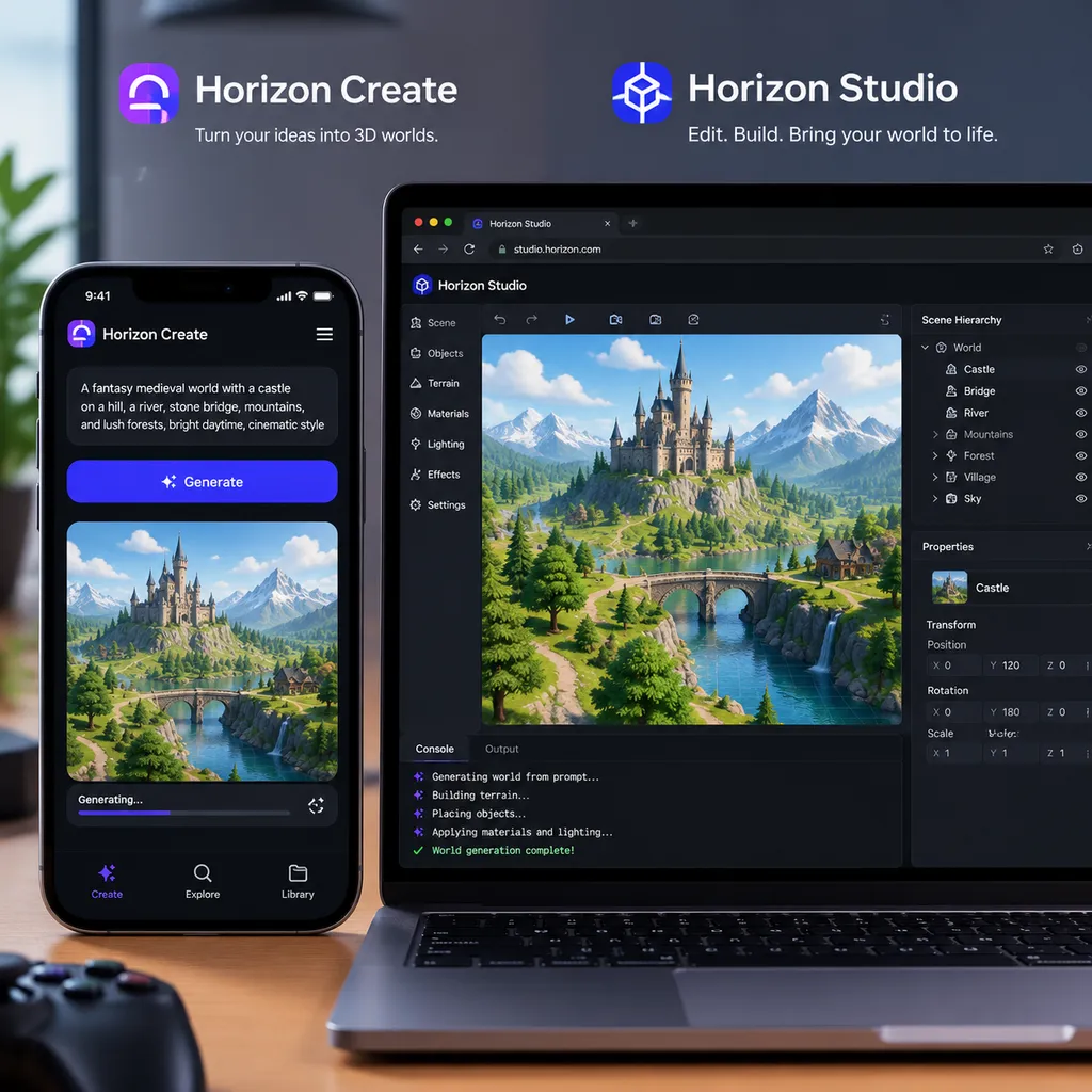 Horizon Create手机界面与Horizon Studio浏览器编辑器并列展示,画面中用户通过提示词生成3D游戏世界