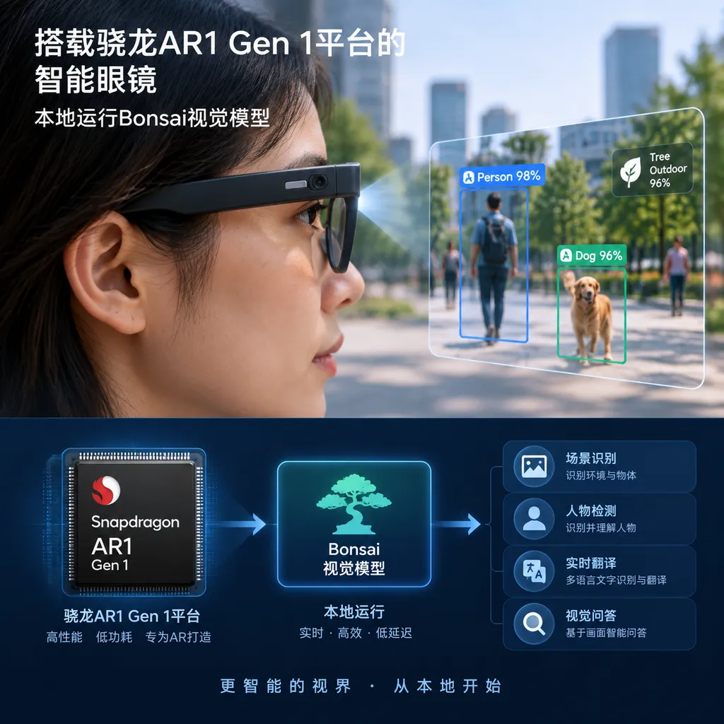 搭载骁龙AR1 Gen 1平台的智能眼镜在本地运行Bonsai视觉模型的示意图